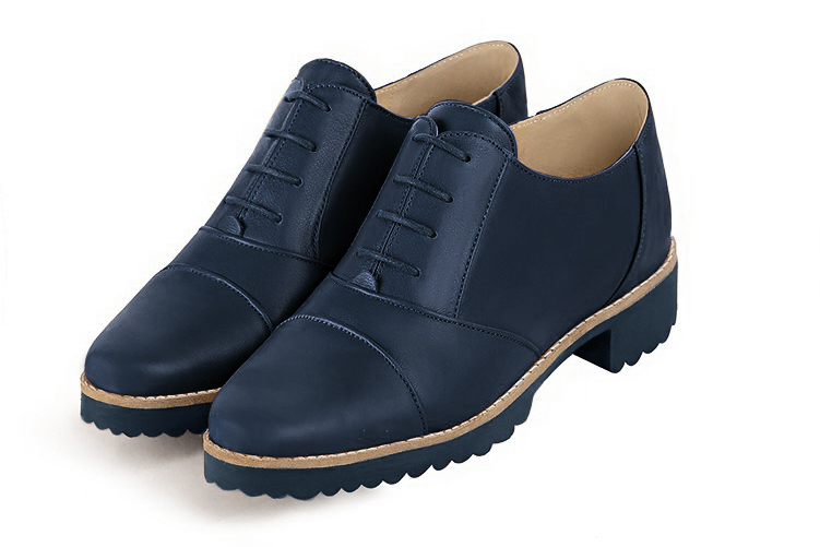 Navy blue women's casual lace-up shoes. Round toe. Flat rubber soles. Front view - Florence KOOIJMAN